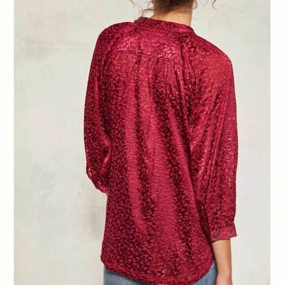 Anthropologie Burgundy Burnout Floral Velvet Buttondown Shirt Size XL NWT - Picture 3 of 12